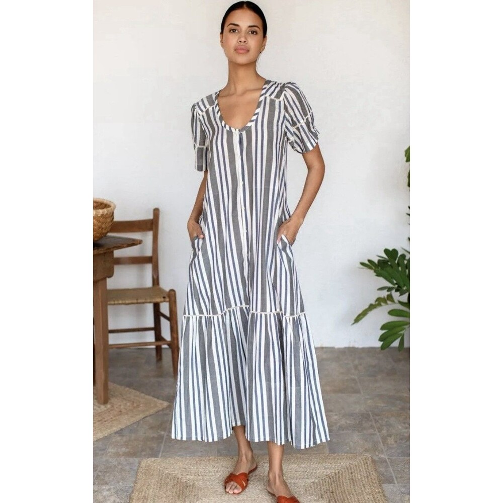 NWT Emerson Fry Lantern Dress In Handloom Stripes Cotton Sz Large Button Front